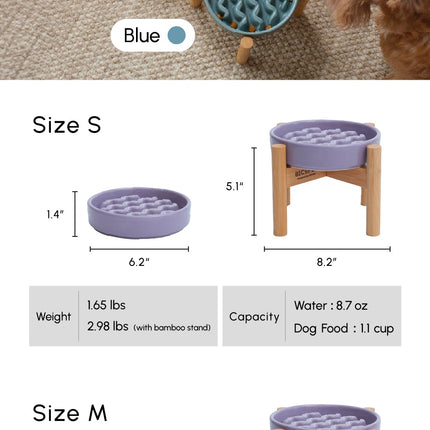 Pet bowls with color options and size measurements on a wooden surface.