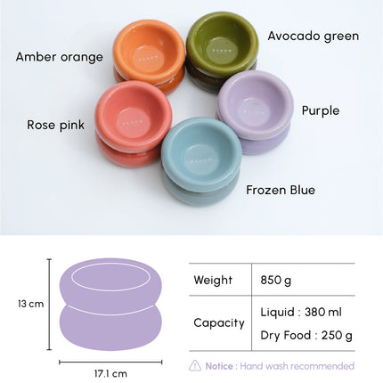 Set of colorful pet bowls with labels and dimensions on a white background