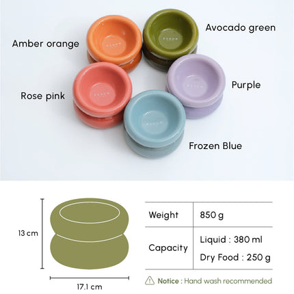 Set of colorful pet bowls with labels and product details on a white background