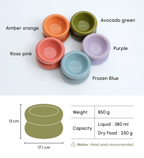 Set of colorful pet bowls with labels and product details on a white background