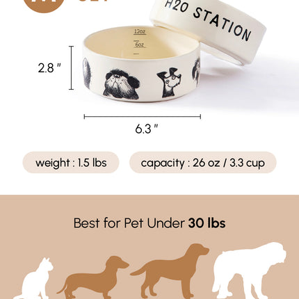 Two dog bowls with measurements and specifications on a white background