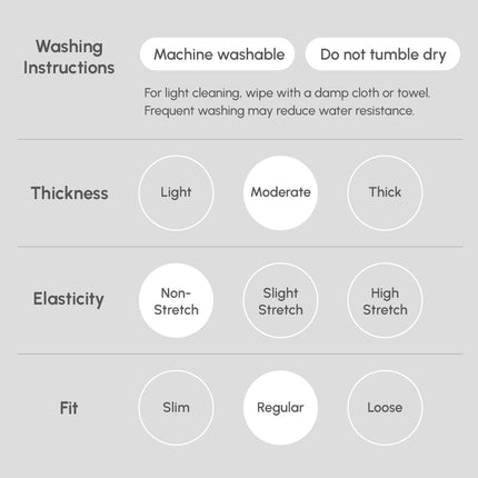 Washing instructions and fabric properties on a gray background