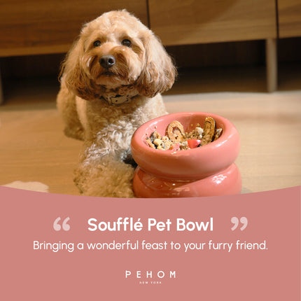 Dog sitting next to a pink pet bowl with food, featuring the brand 'PEHOM'.
