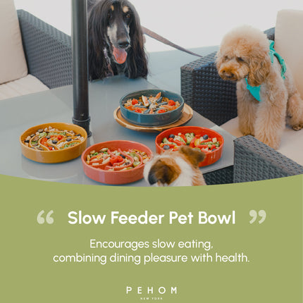 Three dogs around a table with food bowls, promoting a slow feeder pet bowl by PEHOM.
