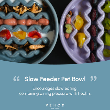 Two wavy-patterned pet bowls filled with treats, featuring the brand 'PEHOM'.