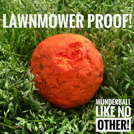 Orange ball on grass with text 'Lawnmower Proof!' and 'Wunderball Like No Other!'