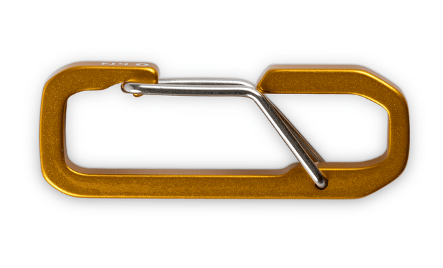 Gold carabiner on a white background