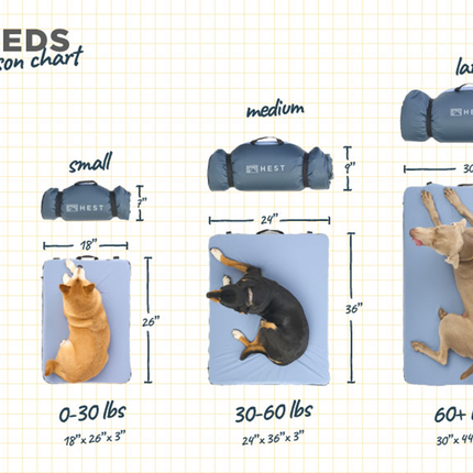 Dog beds size comparison chart with measurements and weight ranges.