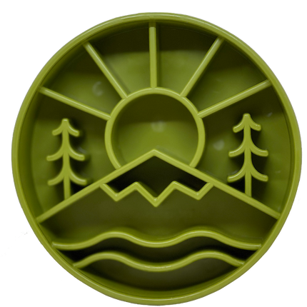 Green silicone feeding bowl with nature-themed design on a white background