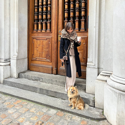 Woman with a dog standing on stone steps in front of a large wooden door.