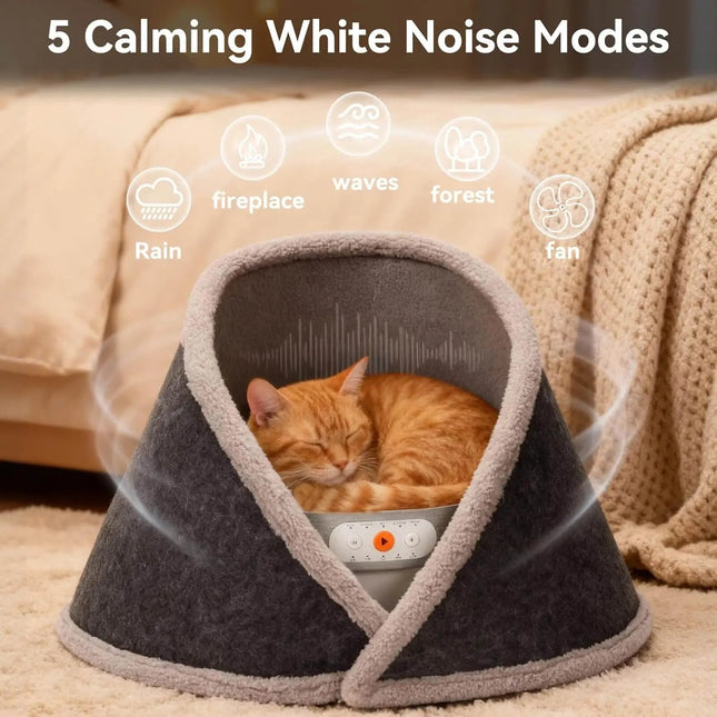 Cat sleeping in a gray pet bed with white noise modes displayed above.