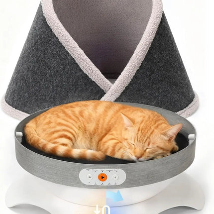 Cat lying on a gray pet heating pad with a white background