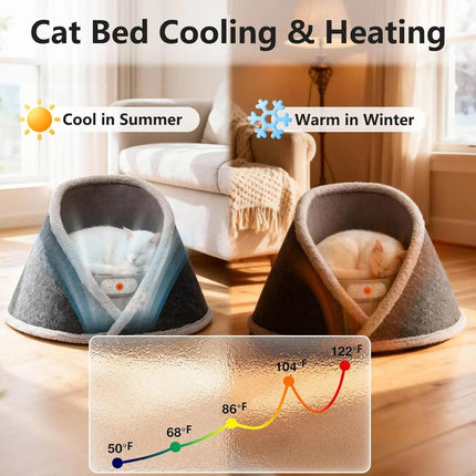 Two cone-shaped cat beds with a temperature gauge showing cooling and heating functions in a home setting.