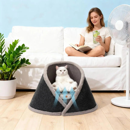 Cat sitting in a cone-shaped pet bed with a person reading on a couch in the background
