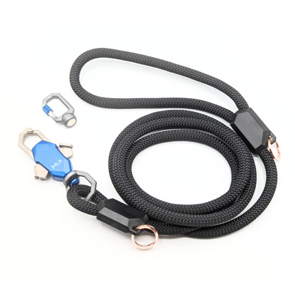 Black dog leash with metal clips on a white background