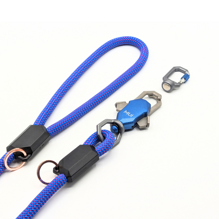 Blue rope dog leash with metal clasp and carabiner on a white background