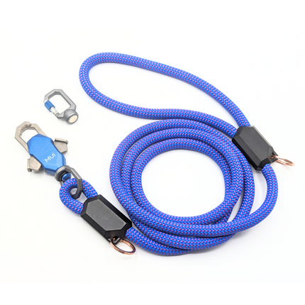 Blue braided lanyard with metal clips on a white background