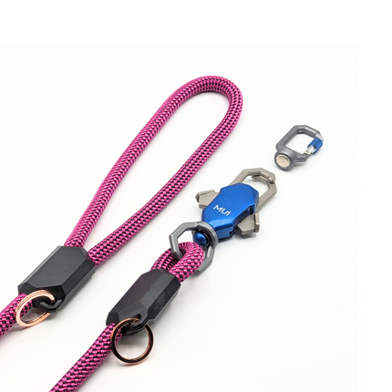 Pink dog leash with metal clips and carabiners on a white background