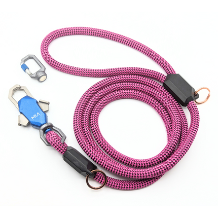 Pink dog leash with metal clips on a white background