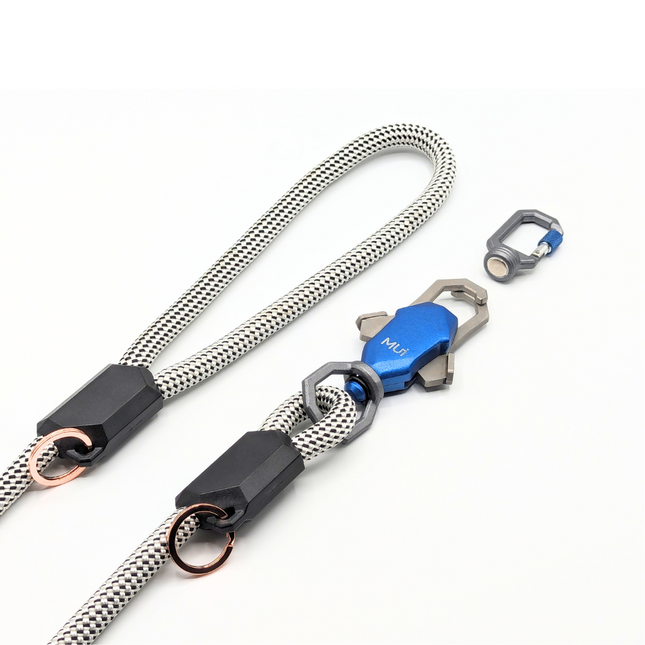 Dog leash with metal clasp and carabiner on a white background