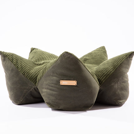 Three green pet bed with a brand logo on a white background