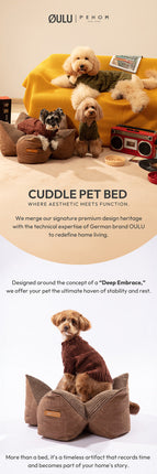 Cuddle pet bed with dogs and a teddy bear on a light background, featuring Oulu Petwear branding.