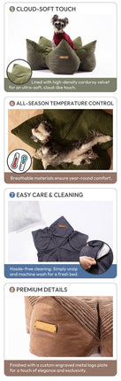 Product features of a pet bed with temperature control, ease of care, and premium details.