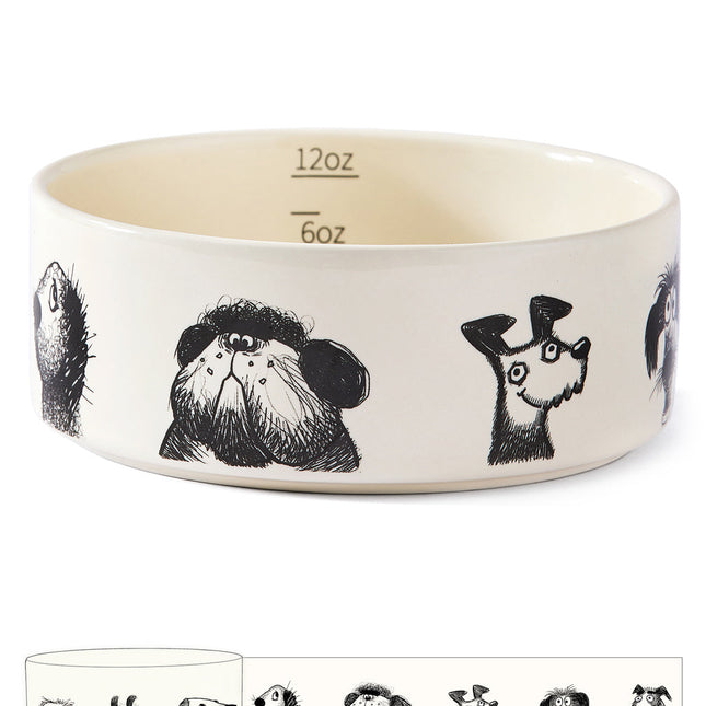 White bowl with black dog illustrations and measurement markings on a white background