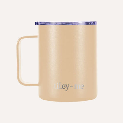 Beige mug with purple interior on a white background