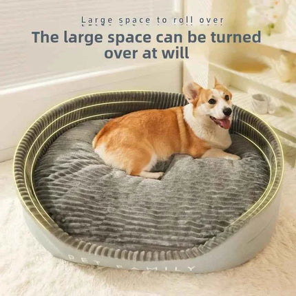 Dog lying on a large pet bed with text indicating its size and flexibility.