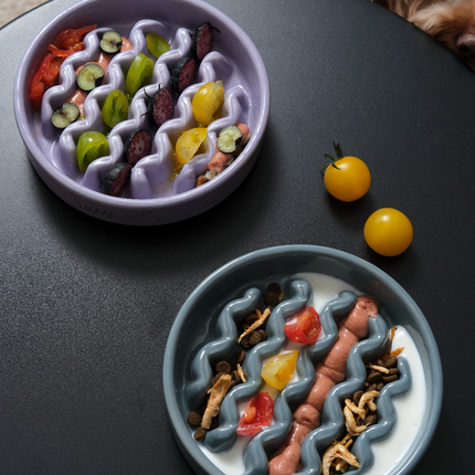 Two ceramic bowls with pet food on a black surface, with a dog in the background.