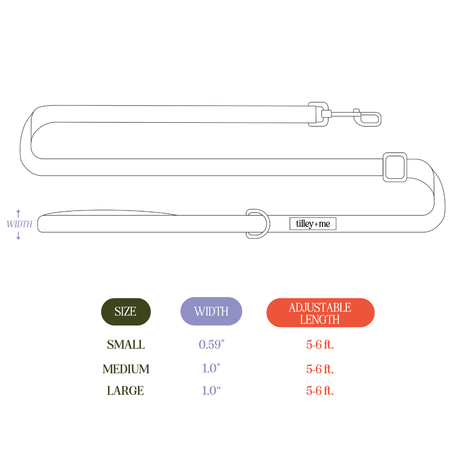 Measurement chart for a leash with size, width, and adjustable length information.