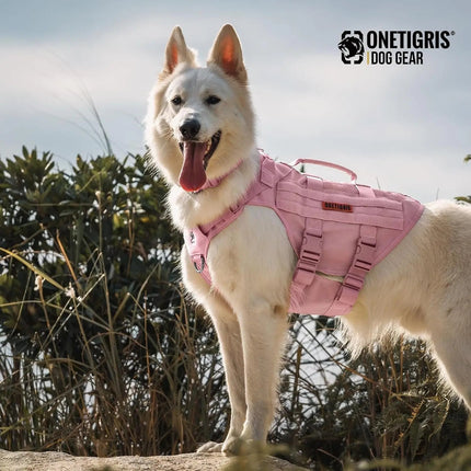 Dog wearing a pink harness with 'ONETIGRIS' branding outdoors.