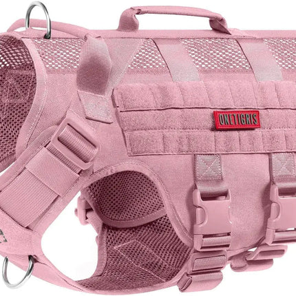 Pink tactical dog vest with mesh design and visible brand logo on a white background