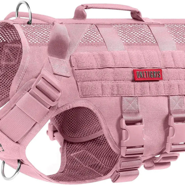 Pink tactical dog vest with mesh design and visible brand logo on a white background