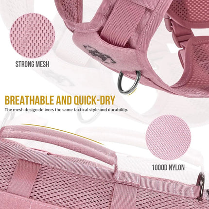 Pink dog harness with mesh and nylon details on a white background