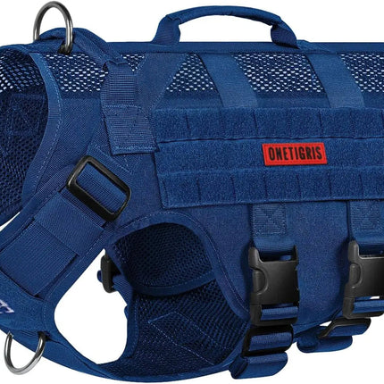 Blue tactical dog harness with visible branding on a white background