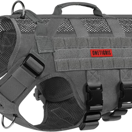 Gray tactical dog vest with mesh panels and a visible brand logo on a white background