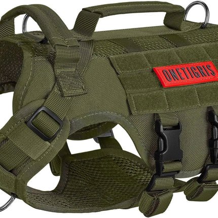 Green tactical dog harness with a red patch on a white background