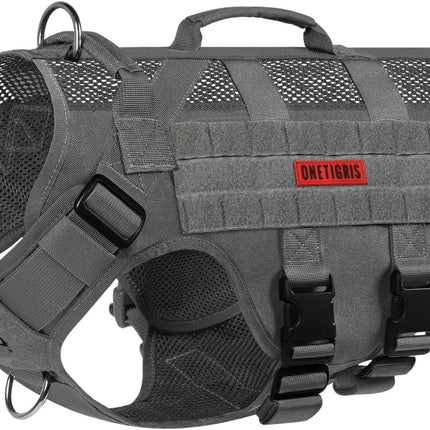 Gray tactical dog vest with mesh panels and a visible brand logo on a white background