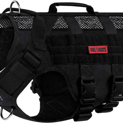 Black tactical dog vest with a red brand label on a white background