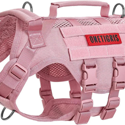 Pink dog harness with 'ONETIGRIS' logo on a white background