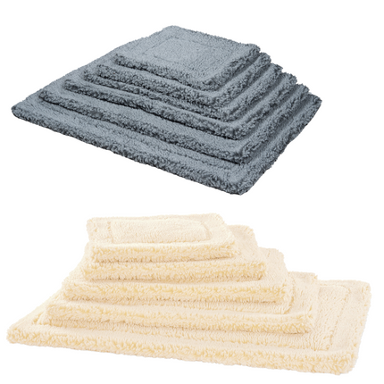 Set of blue and beige pet mats on a white background