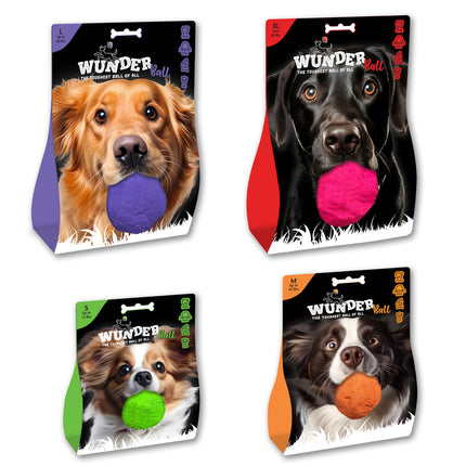 Four packages of Wunder Ball dog toys with different colored balls and dog images on the packaging.