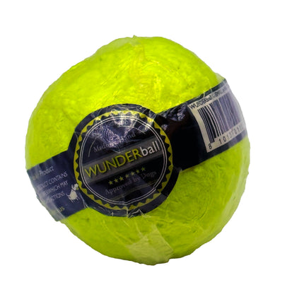 Yellow tennis ball with a black label on a white background