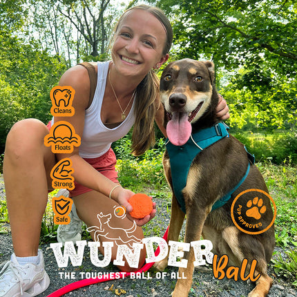 Woman with a dog outdoors, holding a Wunder Ball with branding elements.