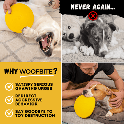 Promotional image for Woofbite product showing dogs with a yellow disc and text about the product's benefits.