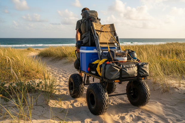 An action shot of an all-terrain camping trolley loaded with gear being pulled along a sandy path near a beach.