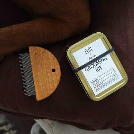 Grooming kit with a comb and tin labeled 'frill' on a brown surface.