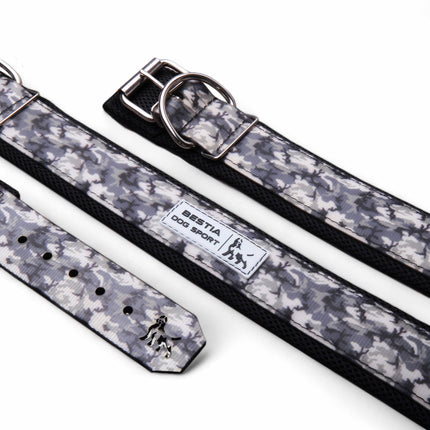 Dog collar and leash set with camouflage pattern on a white background